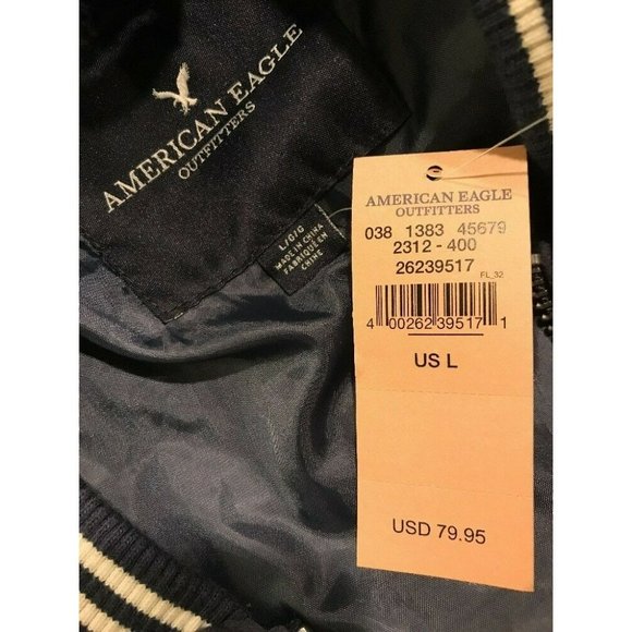 NWT AMERICAN EAGLE Embroidered Velveteen Bomber Sz L Blue - Picture 3 of 4